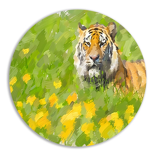 Prachtig schilderij van tijger in bloemenveld aluminium muurcirkel