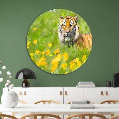Prachtig schilderij van tijger in bloemenveld aluminium muurcirkel