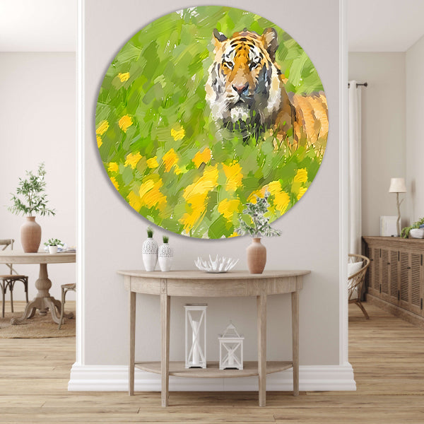 Prachtig schilderij van tijger in bloemenveld aluminium muurcirkel