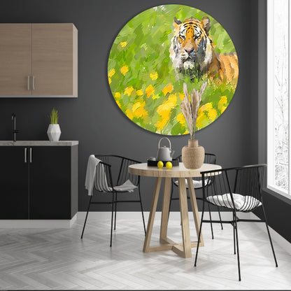 Prachtig schilderij van tijger in bloemenveld aluminium muurcirkel