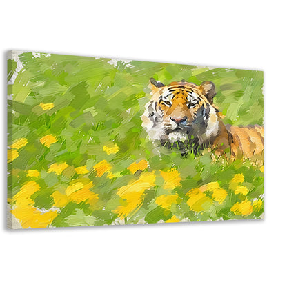 Prachtig schilderij van tijger in bloemenveld canvas