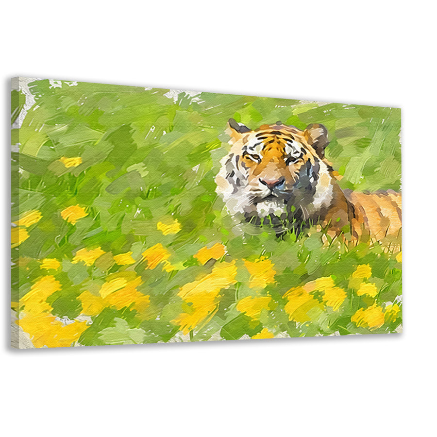 Prachtig schilderij van tijger in bloemenveld canvas