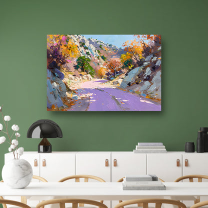 Kleurrijk herfstlandschap met kronkelende weg canvas met baklijst