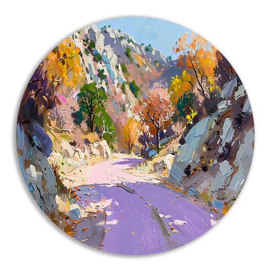 Kleurrijk herfstlandschap met kronkelende weg forex muurcirkel