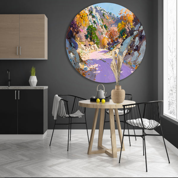 Kleurrijk herfstlandschap met kronkelende weg forex muurcirkel