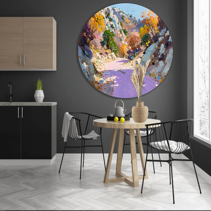 Kleurrijk herfstlandschap met kronkelende weg forex muurcirkel