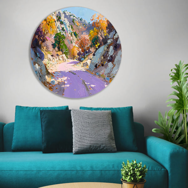 Kleurrijk herfstlandschap met kronkelende weg forex muurcirkel