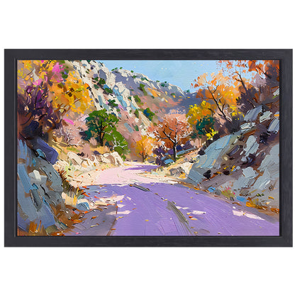 Kleurrijk herfstlandschap met kronkelende weg canvas met baklijst