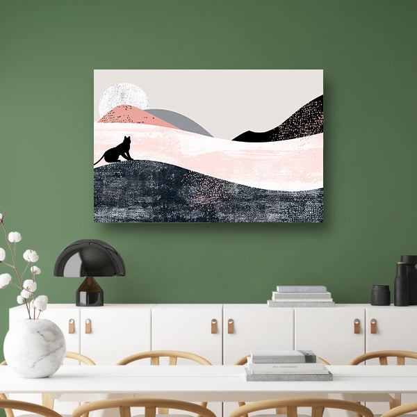 Minimalistisch kunstwerk van kat in abstract landschap poster