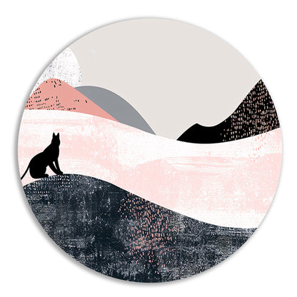 Minimalistisch kunstwerk van kat in abstract landschap aluminium muurcirkel