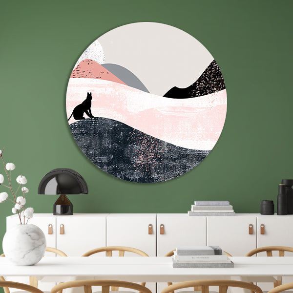 Minimalistisch kunstwerk van kat in abstract landschap aluminium muurcirkel
