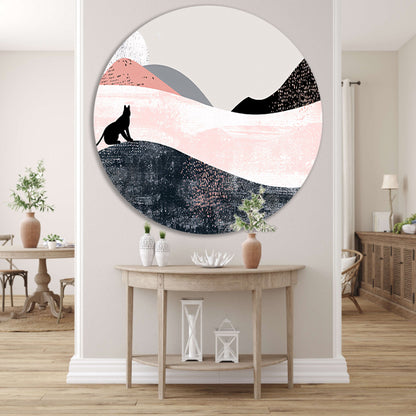Minimalistisch kunstwerk van kat in abstract landschap aluminium muurcirkel