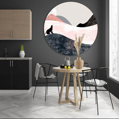 Minimalistisch kunstwerk van kat in abstract landschap aluminium muurcirkel