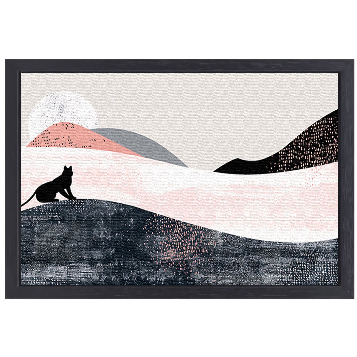Minimalistisch kunstwerk van kat in abstract landschap canvas met baklijst