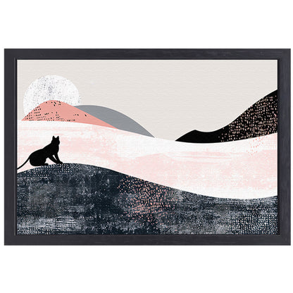 Minimalistisch kunstwerk van kat in abstract landschap canvas met baklijst