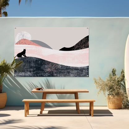 Minimalistisch kunstwerk van kat in abstract landschap tuinposter