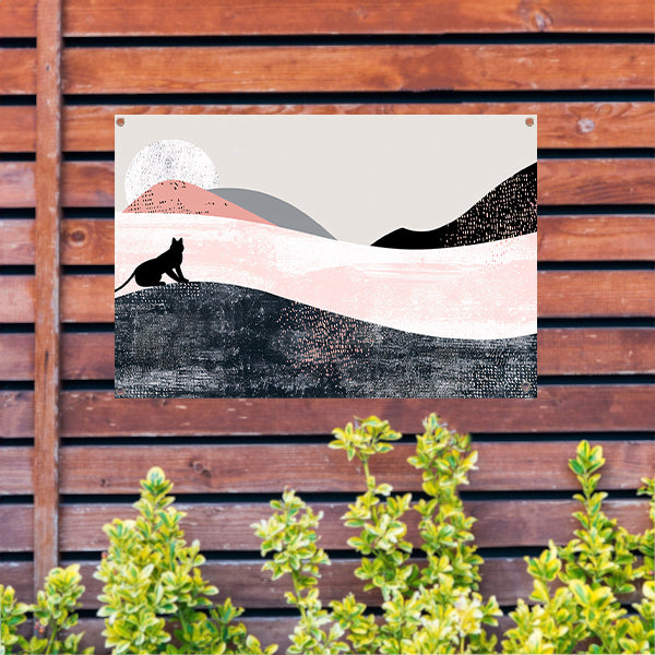 Minimalistisch kunstwerk van kat in abstract landschap tuinposter