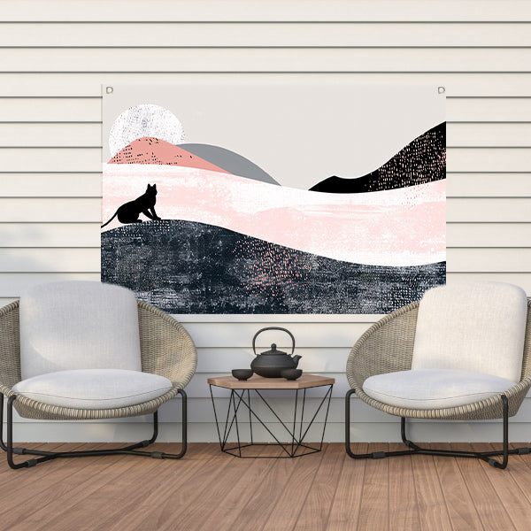 Minimalistisch kunstwerk van kat in abstract landschap tuinposter