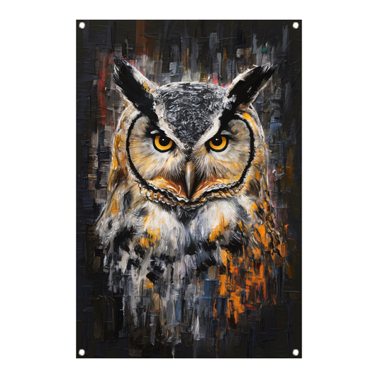 Uil met Oranje Ogen op Abstracte Achtergrond tuinposter