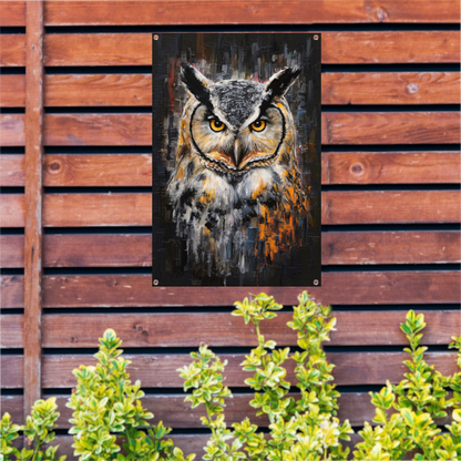 Uil met Oranje Ogen op Abstracte Achtergrond tuinposter