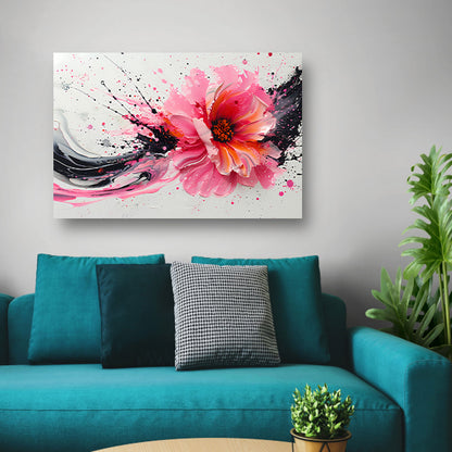 Dynamische abstracte bloem met verfspatten canvas met baklijst