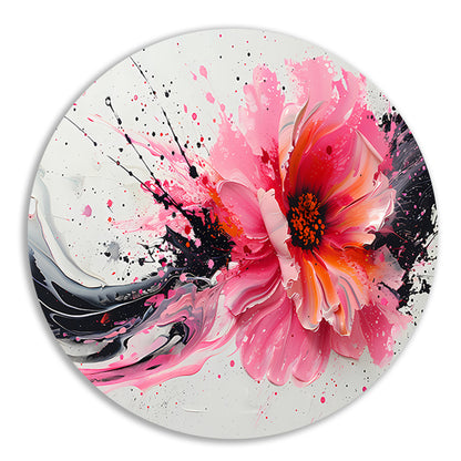 Dynamische abstracte bloem met verfspatten aluminium muurcirkel