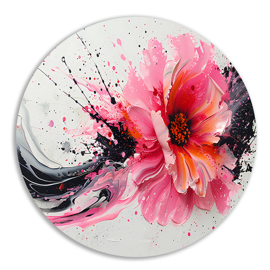 Dynamische abstracte bloem met verfspatten aluminium muurcirkel