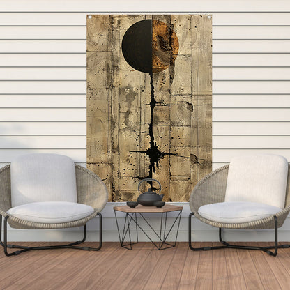 Abstract  met zwarte cirkel en gouden barsten tuinposter