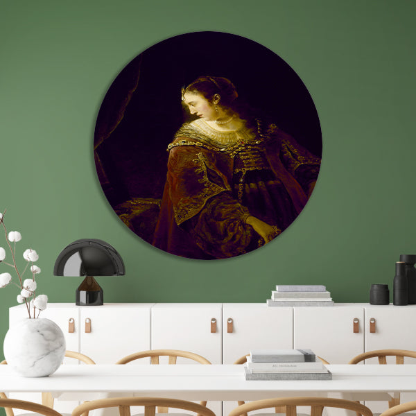 Vrouw aan haar kaptafel - Ferdinand Bol aluminium muurcirkel