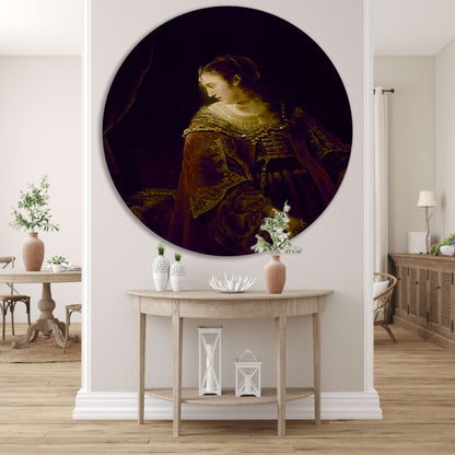 Vrouw aan haar kaptafel - Ferdinand Bol aluminium muurcirkel