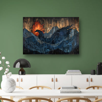 Mystieke vogel in vurige berglandschappen canvas met baklijst