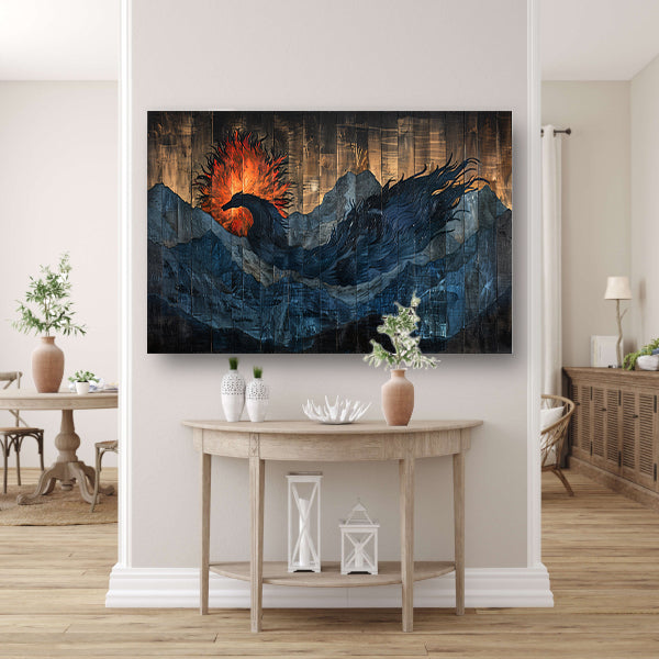 Mystieke vogel in vurige berglandschappen canvas met baklijst