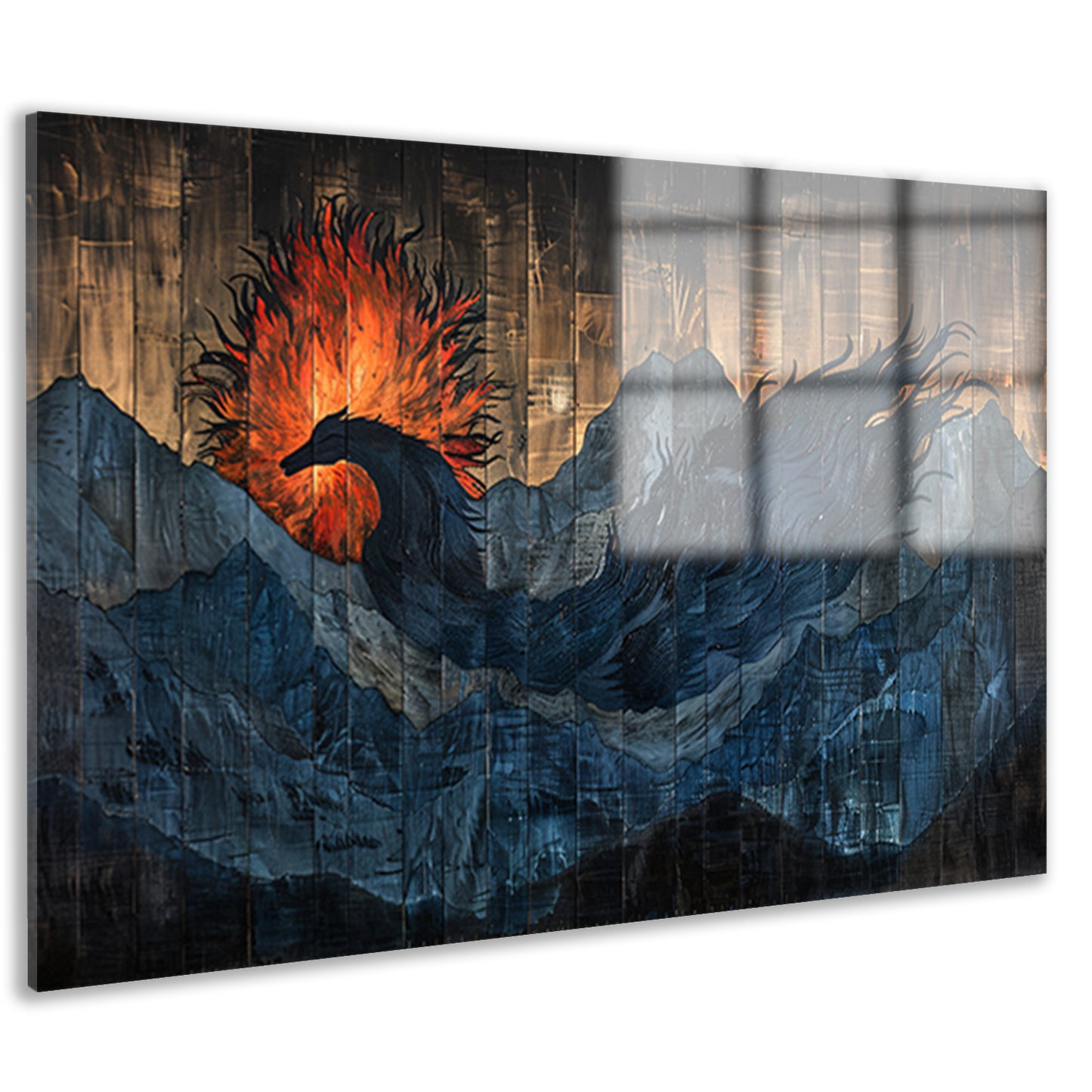 Mystieke vogel in vurige berglandschappen acrylglas