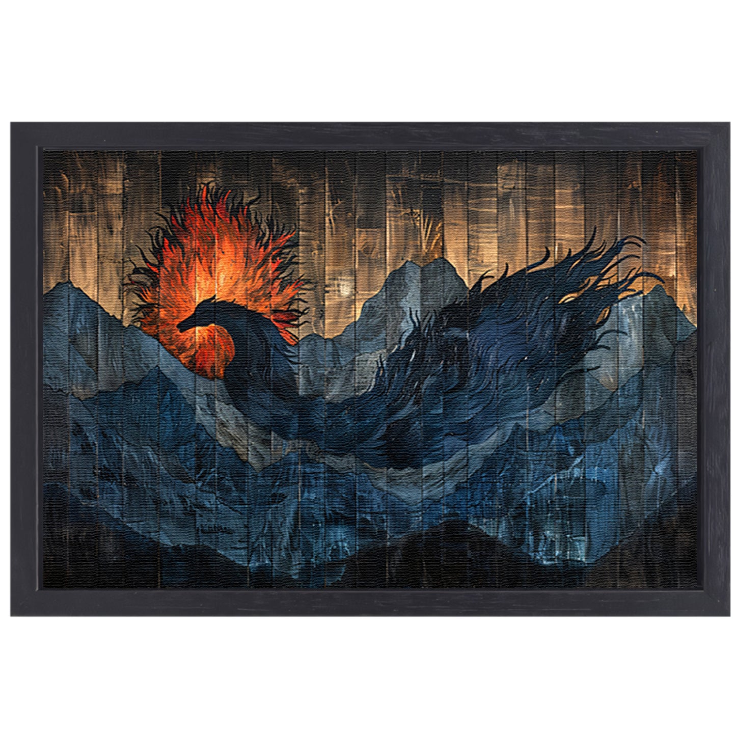 Mystieke vogel in vurige berglandschappen canvas met baklijst