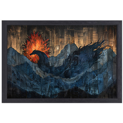 Mystieke vogel in vurige berglandschappen canvas met baklijst