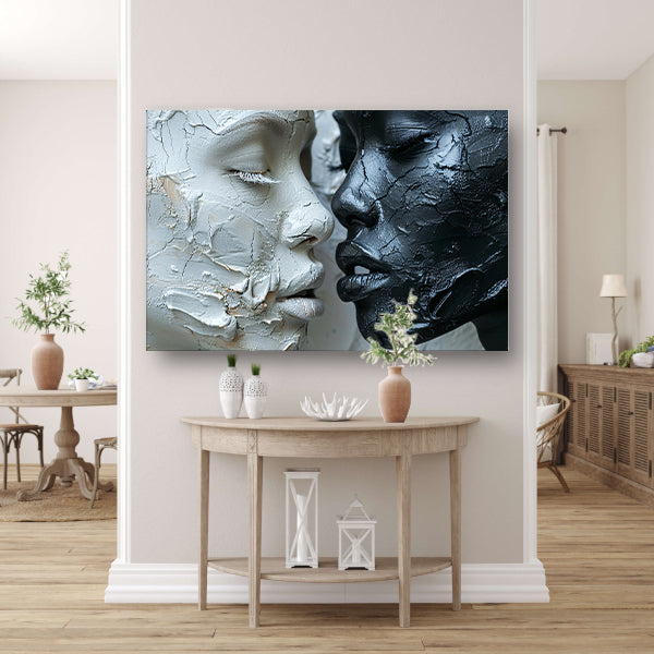 Samenspel van textuur en emotie in monochroom canvas met baklijst