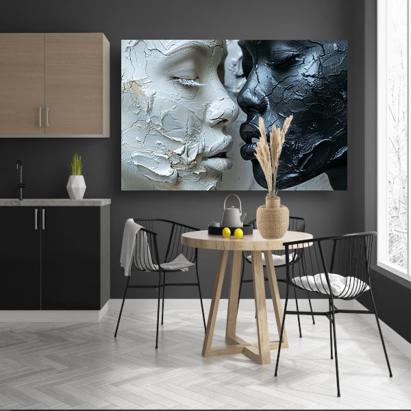 Samenspel van textuur en emotie in monochroom canvas met baklijst