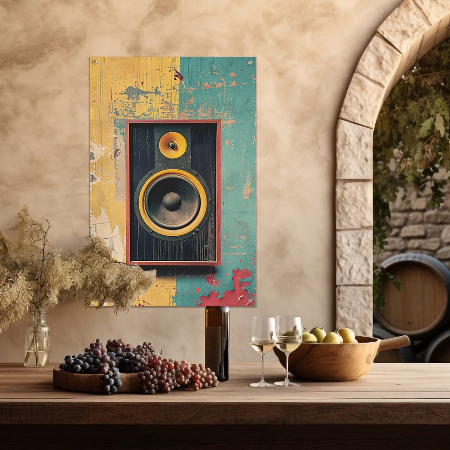 Vintage Speaker op Verweerde Muur tuinposter