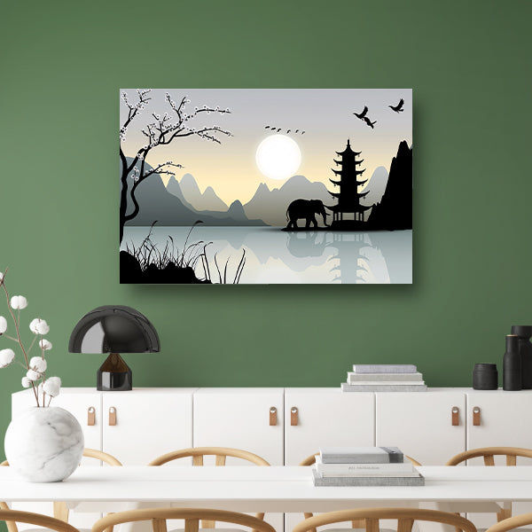 Silhouet Olifant bij Pagoda canvas