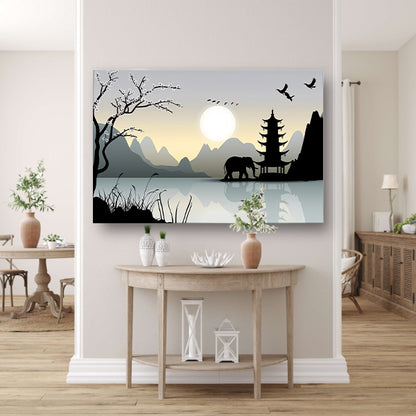 Silhouet Olifant bij Pagoda canvas