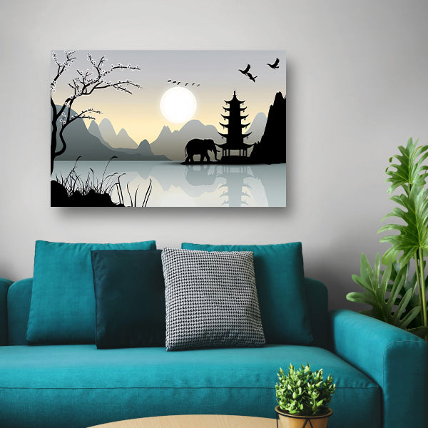 Silhouet Olifant bij Pagoda canvas