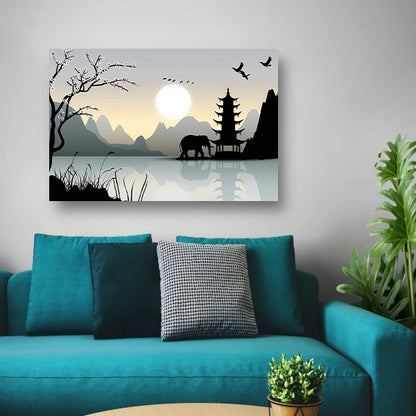 Silhouet Olifant bij Pagoda canvas