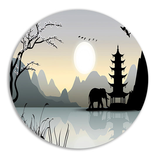 Silhouet Olifant bij Pagoda aluminium muurcirkel
