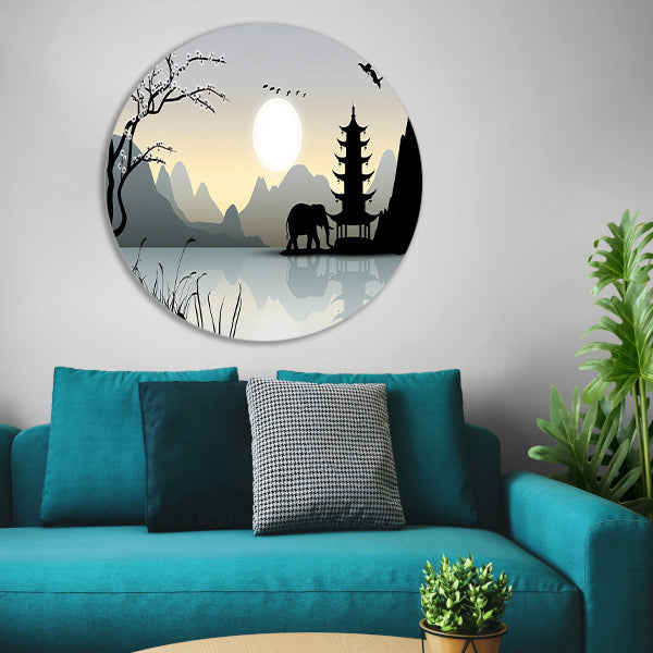 Silhouet Olifant bij Pagoda forex muurcirkel