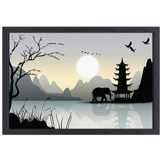 Silhouet Olifant bij Pagoda canvas met baklijst