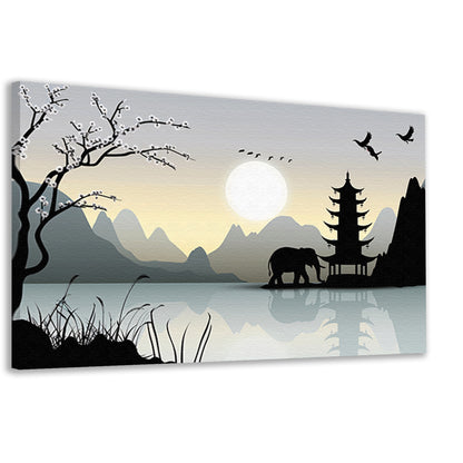 Silhouet Olifant bij Pagoda canvas