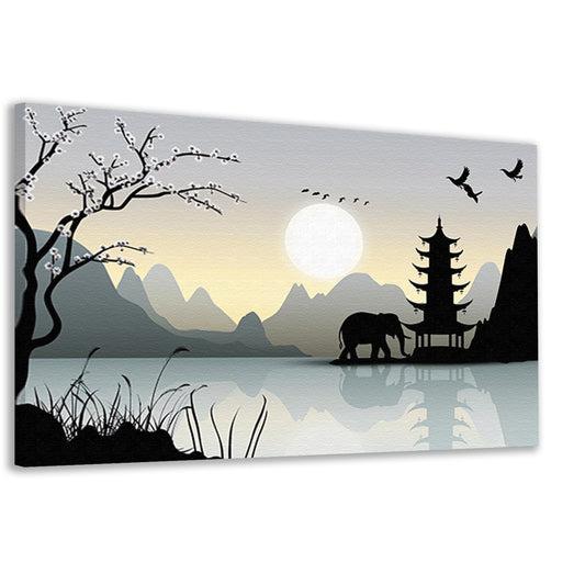 Silhouet Olifant bij Pagoda canvas
