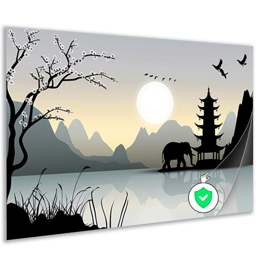 Silhouet Olifant bij Pagoda poster