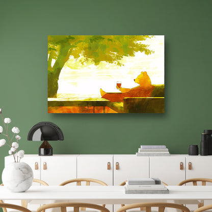 Ontspannen beer onder een groene boomcanvas