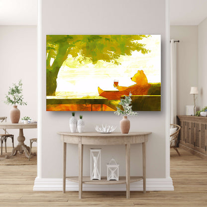 Ontspannen beer onder een groene boomcanvas